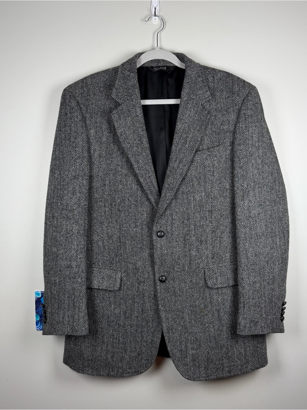 Jos A Bank Harris Tweed Sport Coat Men’s 42L Wool Blazer Black Herringbone